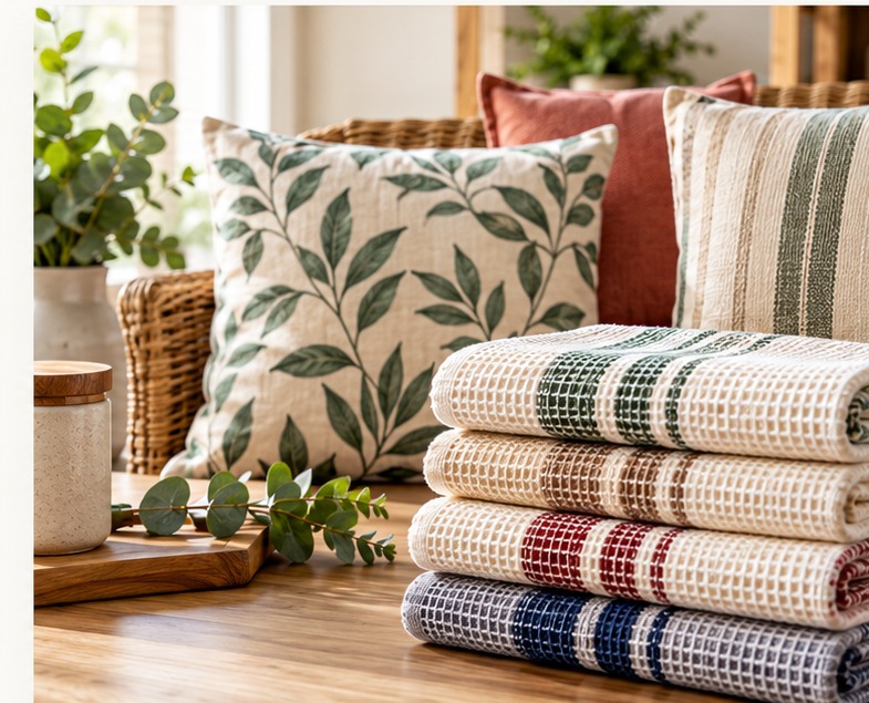 Coordinated kitchen towels and decorative cushion covers in botanical, striped, ivory, forest green and terracotta designs, styled in a bright natural home