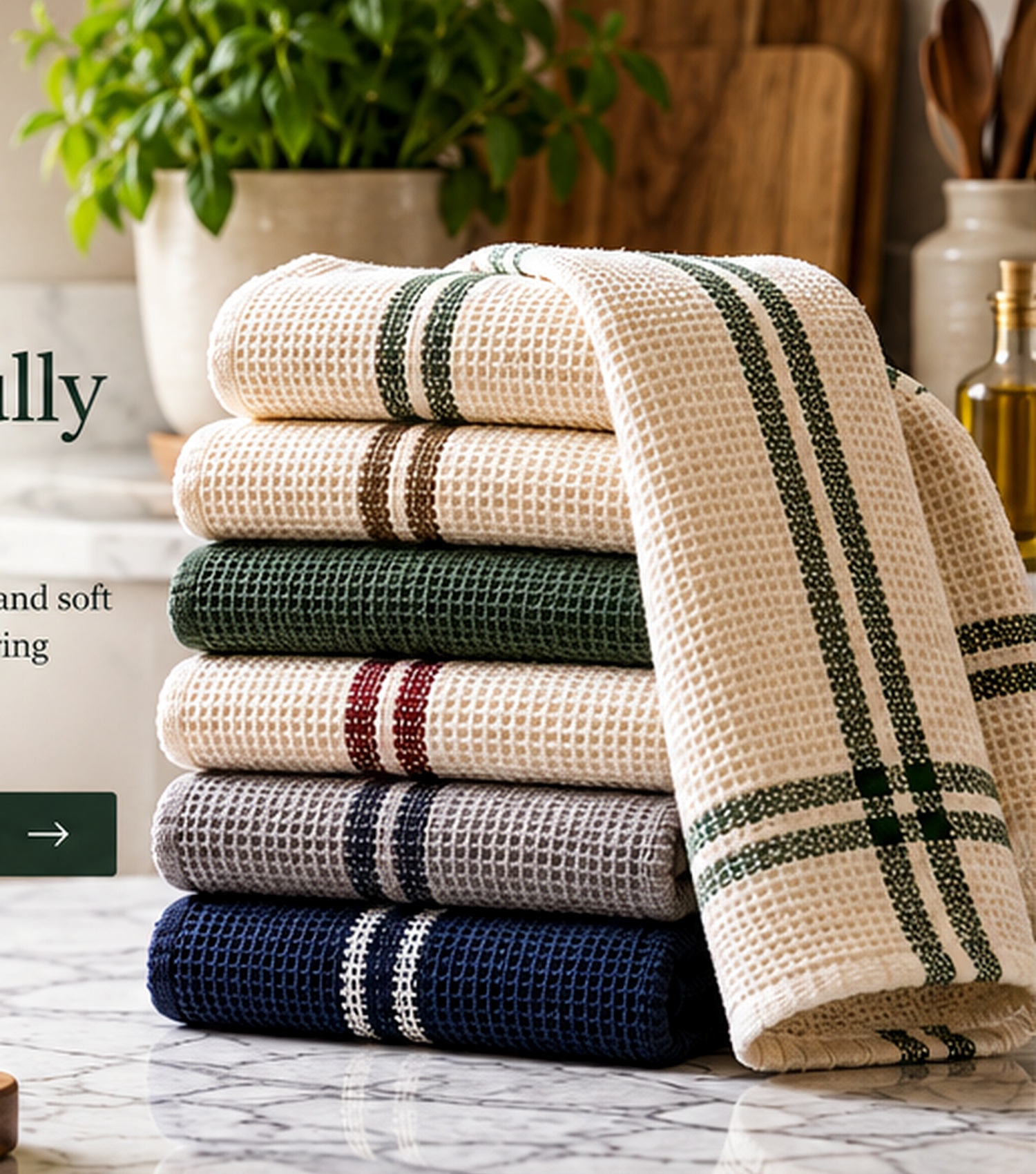 High-quality waffle-weave cotton kitchen towels in coordinated colours