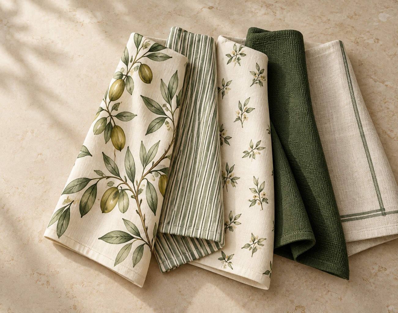 A coordinated set of five botanical and striped kitchen towels in sage, olive and natural ivory
