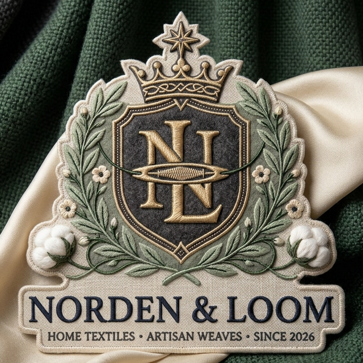 NORDEN & LOOM embroidered crest emblem on forest-green and ivory textile