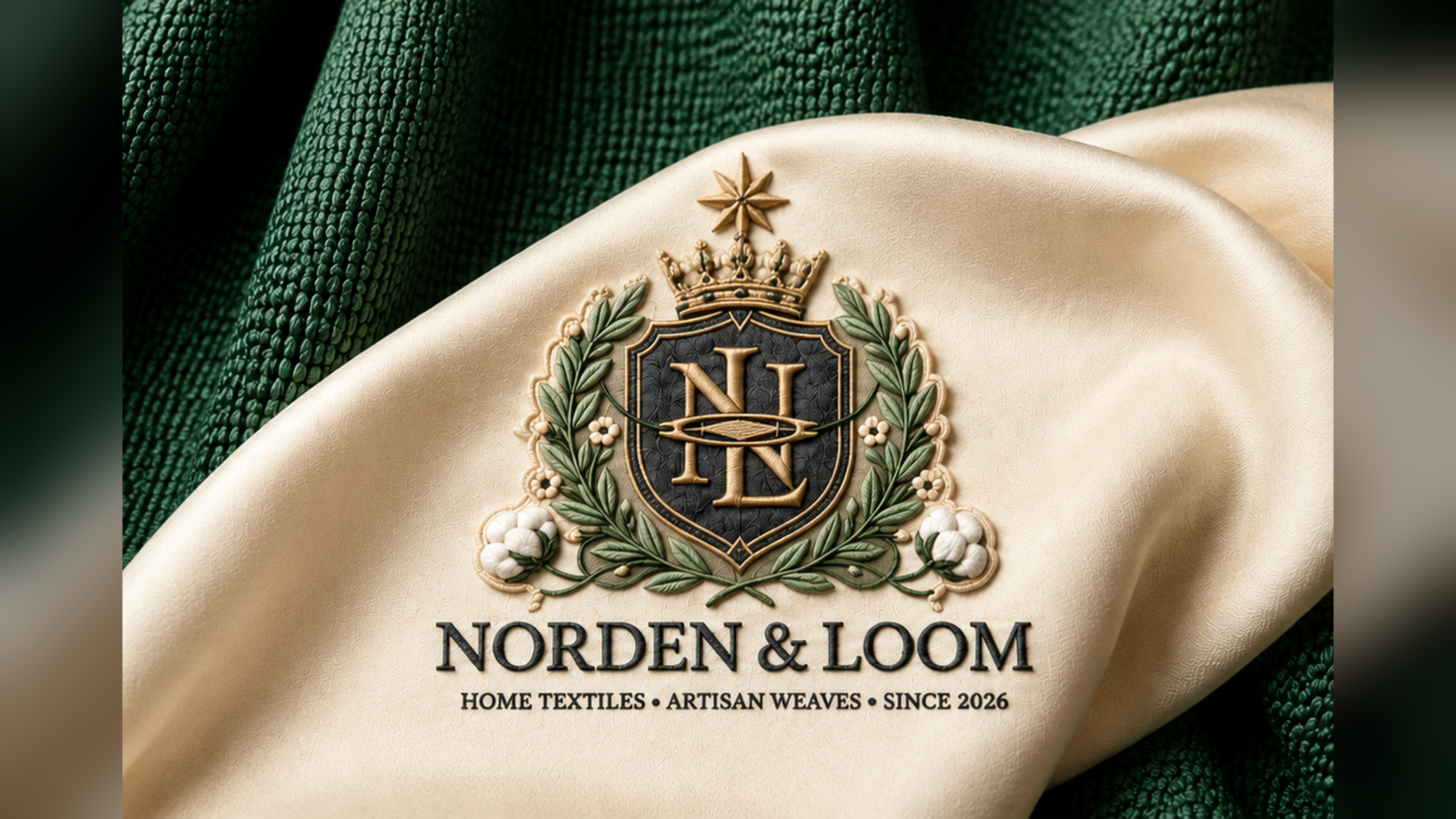 NORDEN & LOOM embroidered crest on ivory fabric against forest-green woven textile
